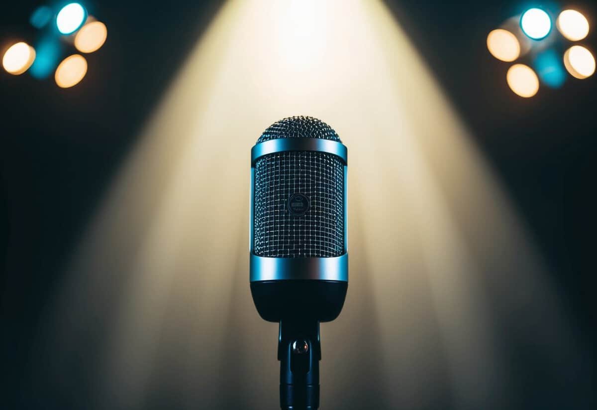 A microphone on a stage with a spotlight shining down