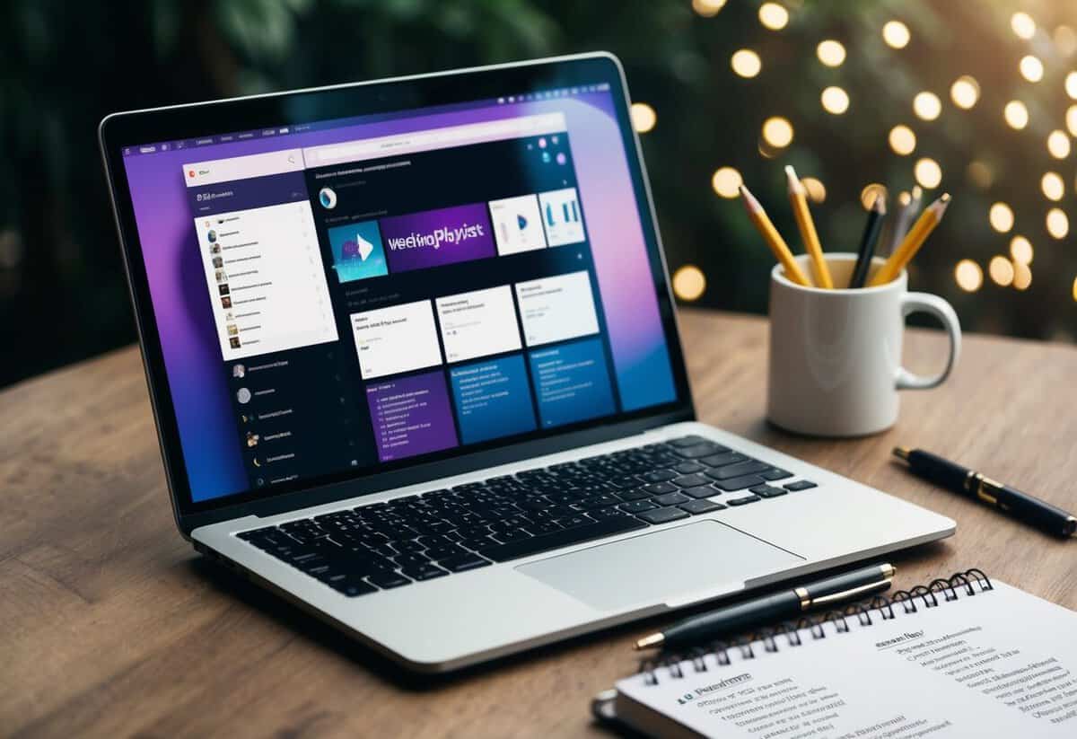 A laptop open to a music streaming platform, with a wedding playlist being curated. A notepad with song titles and a pen sit nearby