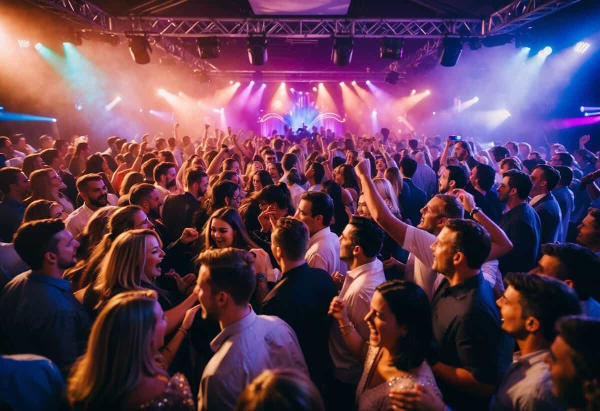 A crowded dance floor with people singing and dancing to the most played song of all time in the UK