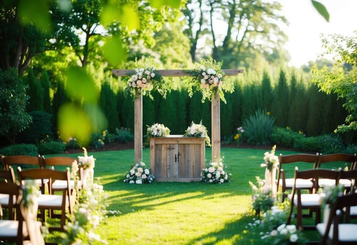 A serene garden setting with a rustic wooden altar adorned with flowers, surrounded by lush greenery and soft sunlight filtering through the trees