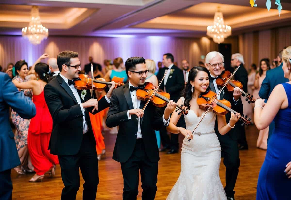 A group of musicians performing at a wedding, surrounded by dancing guests and adorned with colorful decorations