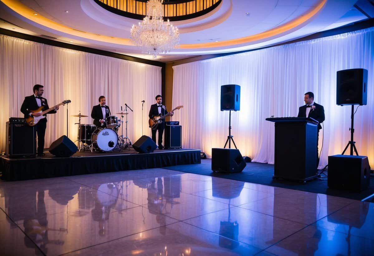 A wedding reception with a stage featuring live musicians on one side and a DJ booth with speakers on the other