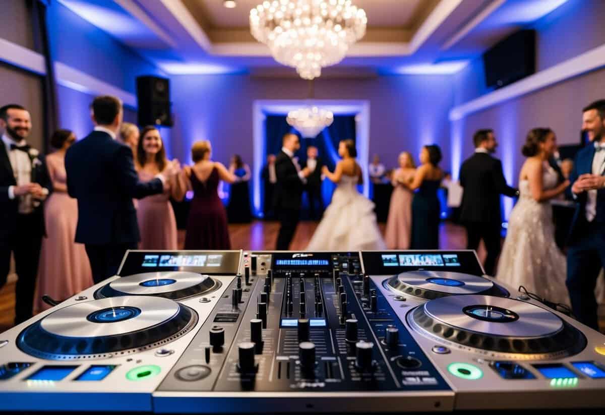A DJ booth with a mix of classic and modern music records, a wedding venue with dancing floor and guests enjoying the music