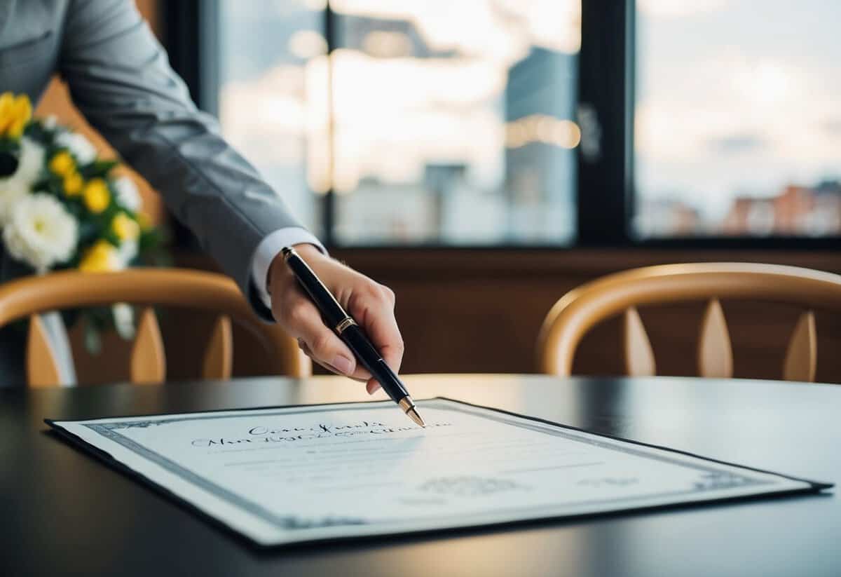 A pen poised over a marriage certificate on a table, with two chairs facing each other