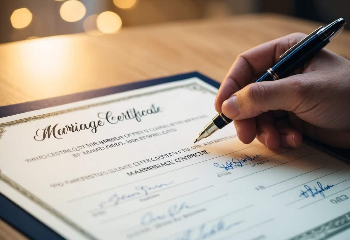 A pen poised over a marriage certificate, with two signatures completed and a witness's signature below