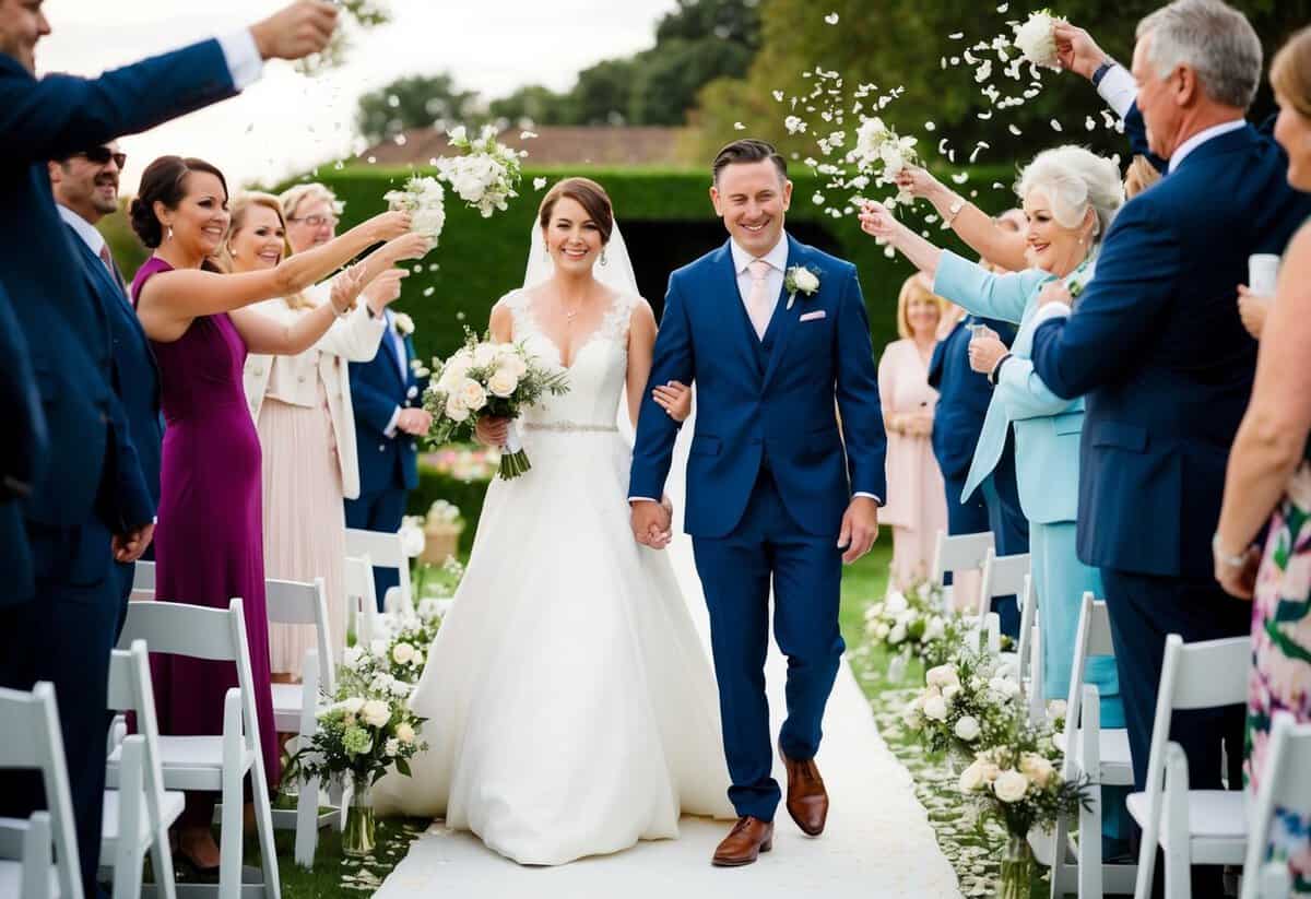 A newlywed couple walks down the aisle as guests shower them with flower petals and cheers