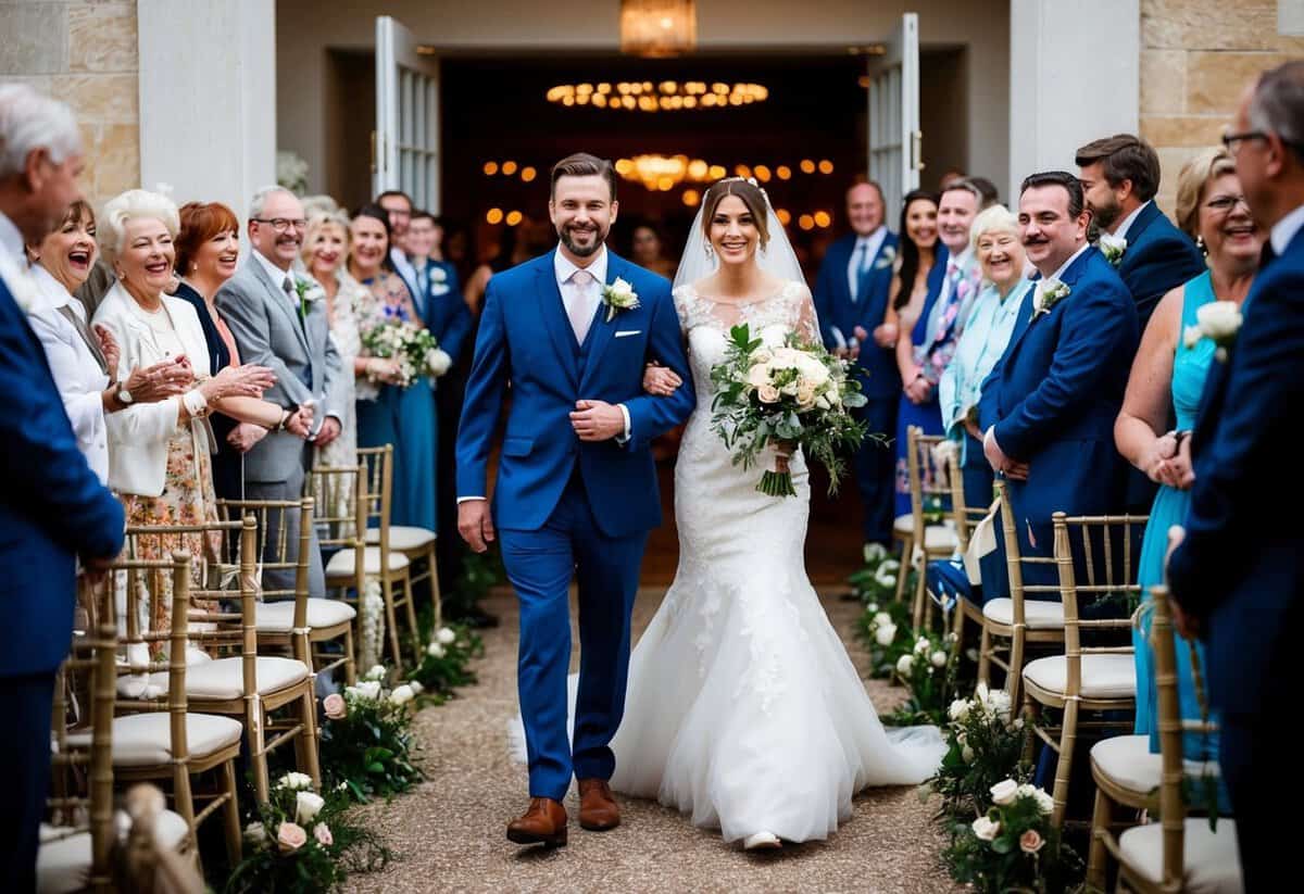 The newlyweds walk down the aisle, surrounded by joyful guests. The music swells as they make their way towards the exit
