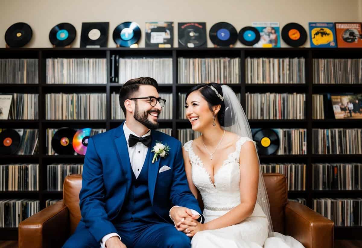 A bride and groom sit together, smiling, while listening to a diverse collection of music. They are surrounded by shelves filled with vinyl records and CDs