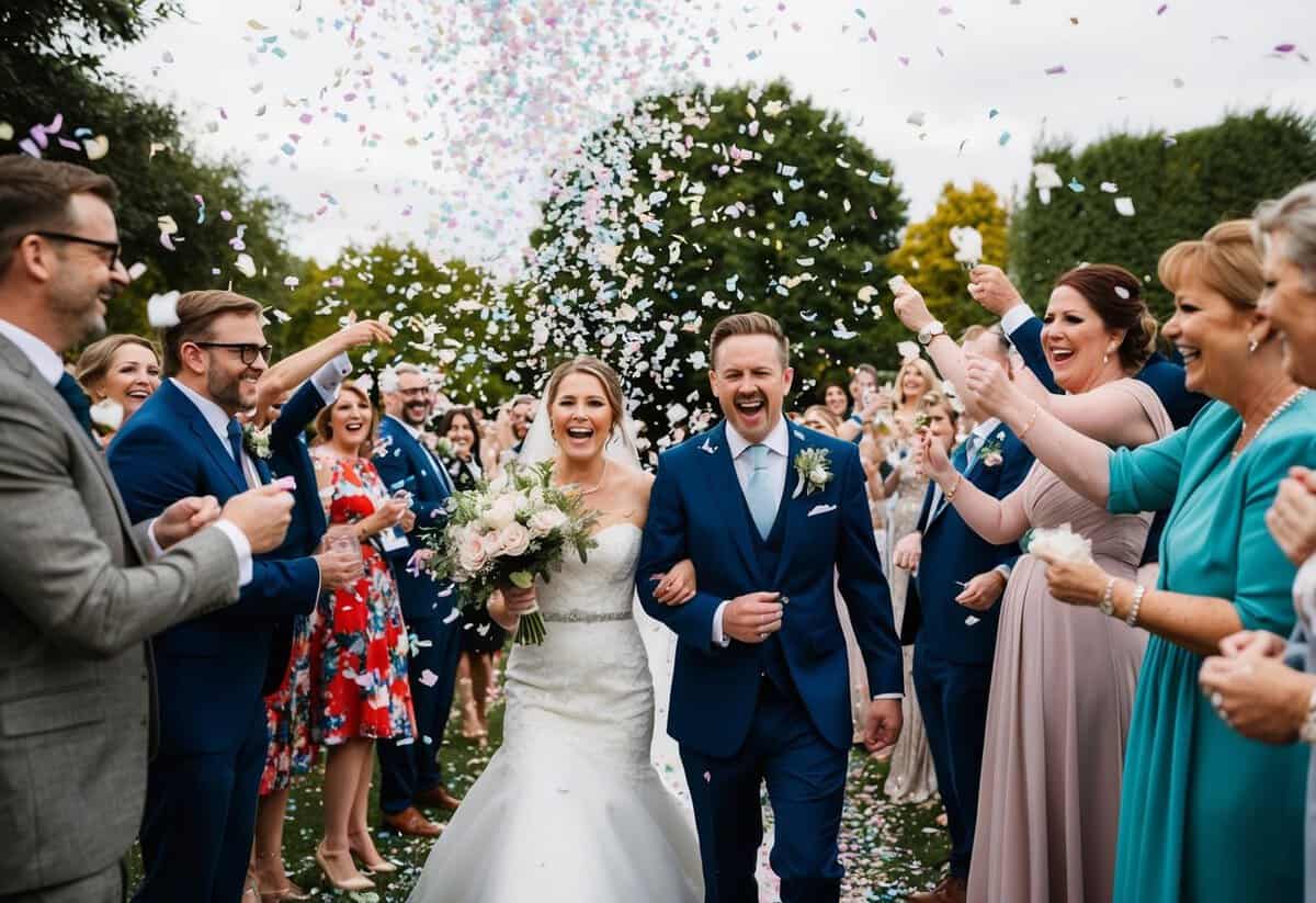 A lively song plays as confetti fills the air, guests cheer, and the bride and groom exit under a shower of flower petals