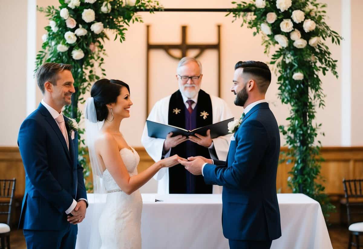 A celebrant standing at a wedding altar with a couple exchanging vows