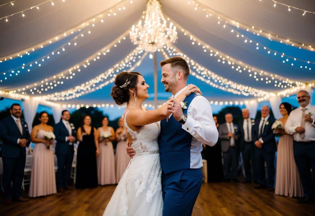 A bride and groom dance under a twinkling canopy of fairy lights, surrounded by their guests, as the main wedding song plays
