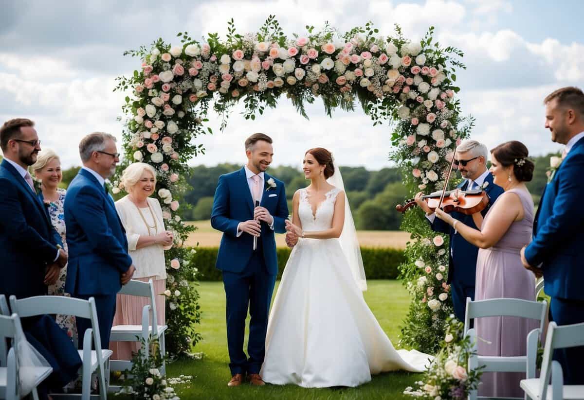 A bride and groom stand beneath a floral arch, surrounded by family and friends, as a musician plays a traditional wedding song on a string instrument