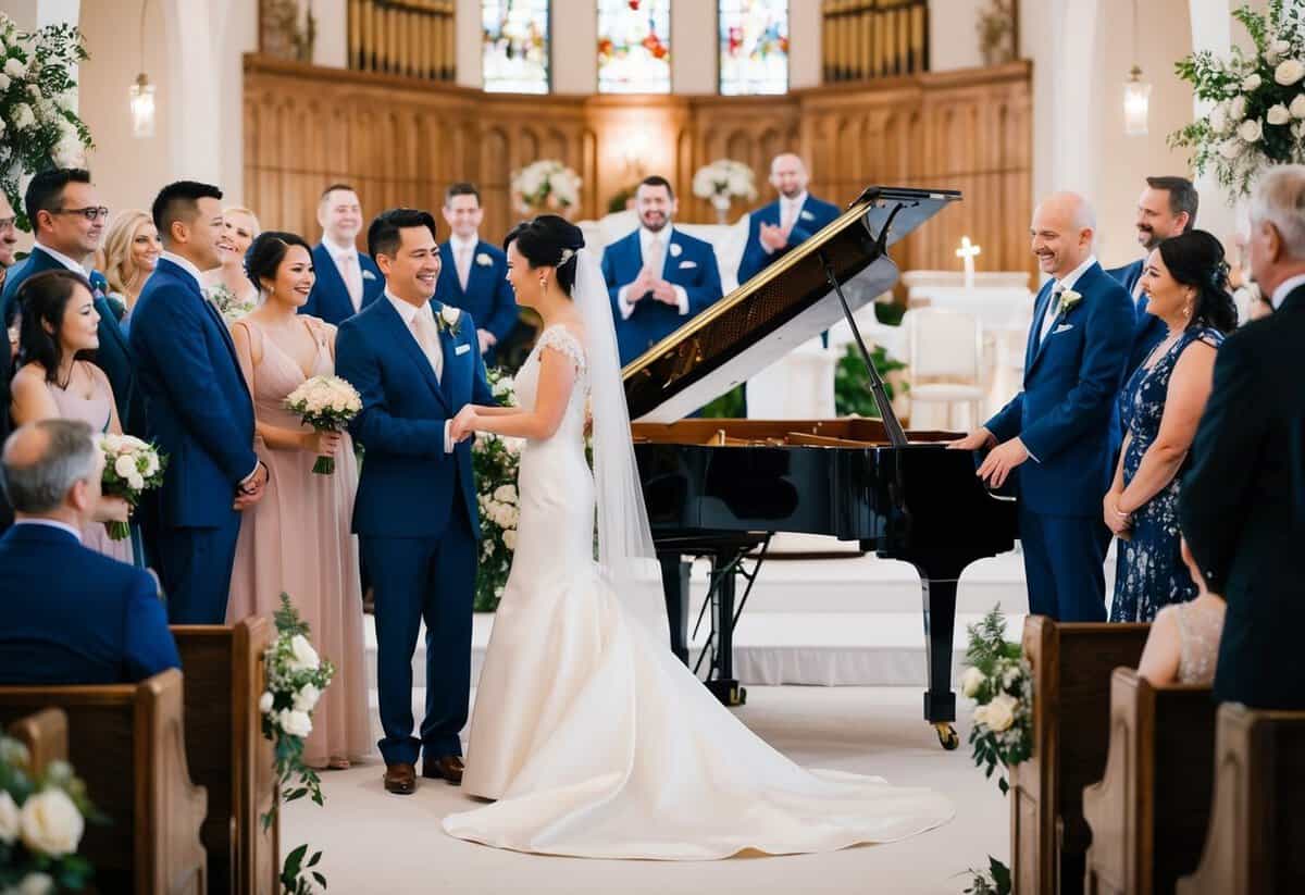 A couple stands at the altar, surrounded by family and friends, as a musician plays the main wedding song on a grand piano