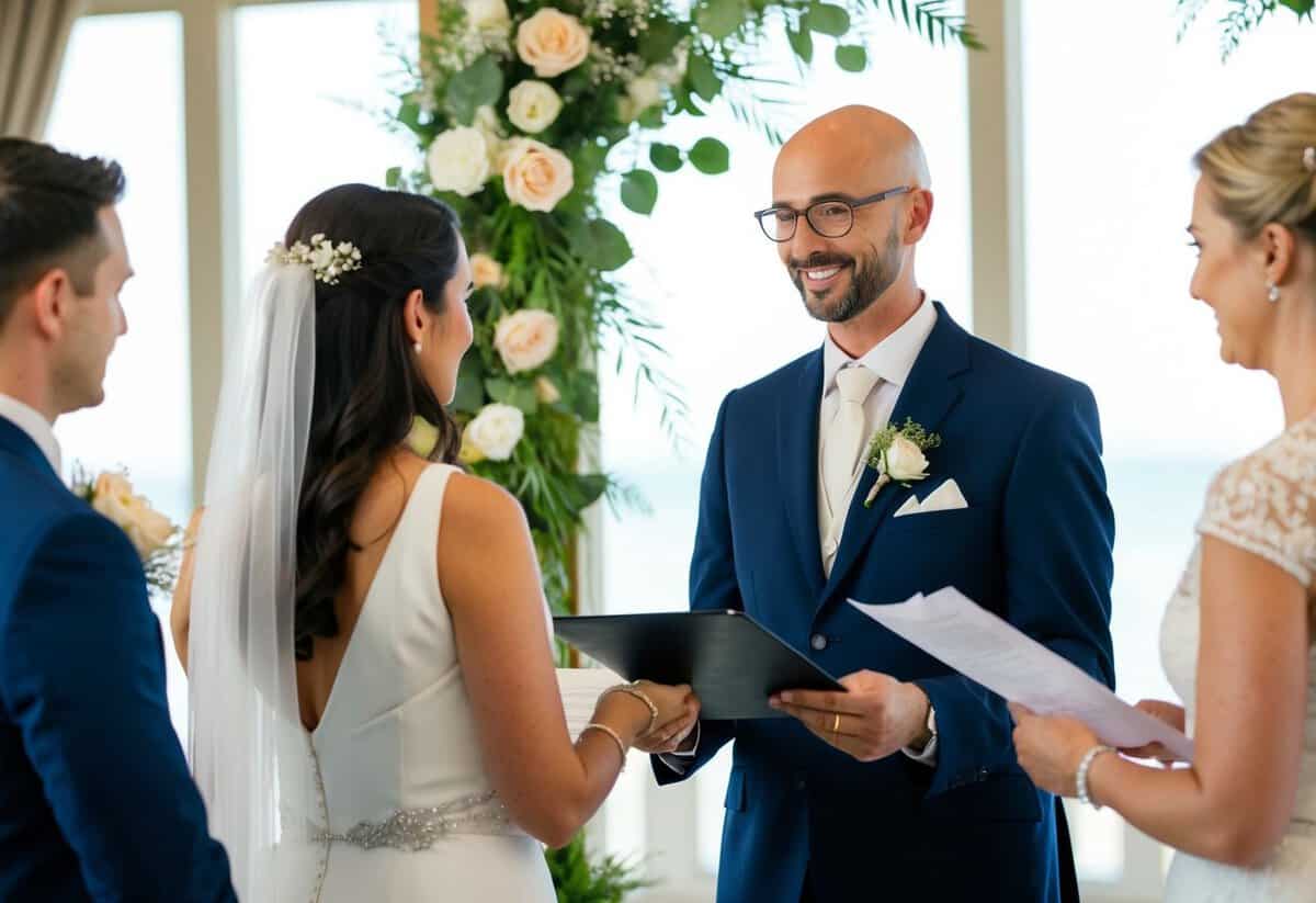 A celebrant officiates a marriage ceremony, standing before a couple and their witnesses, with legal documents and a decorative setting