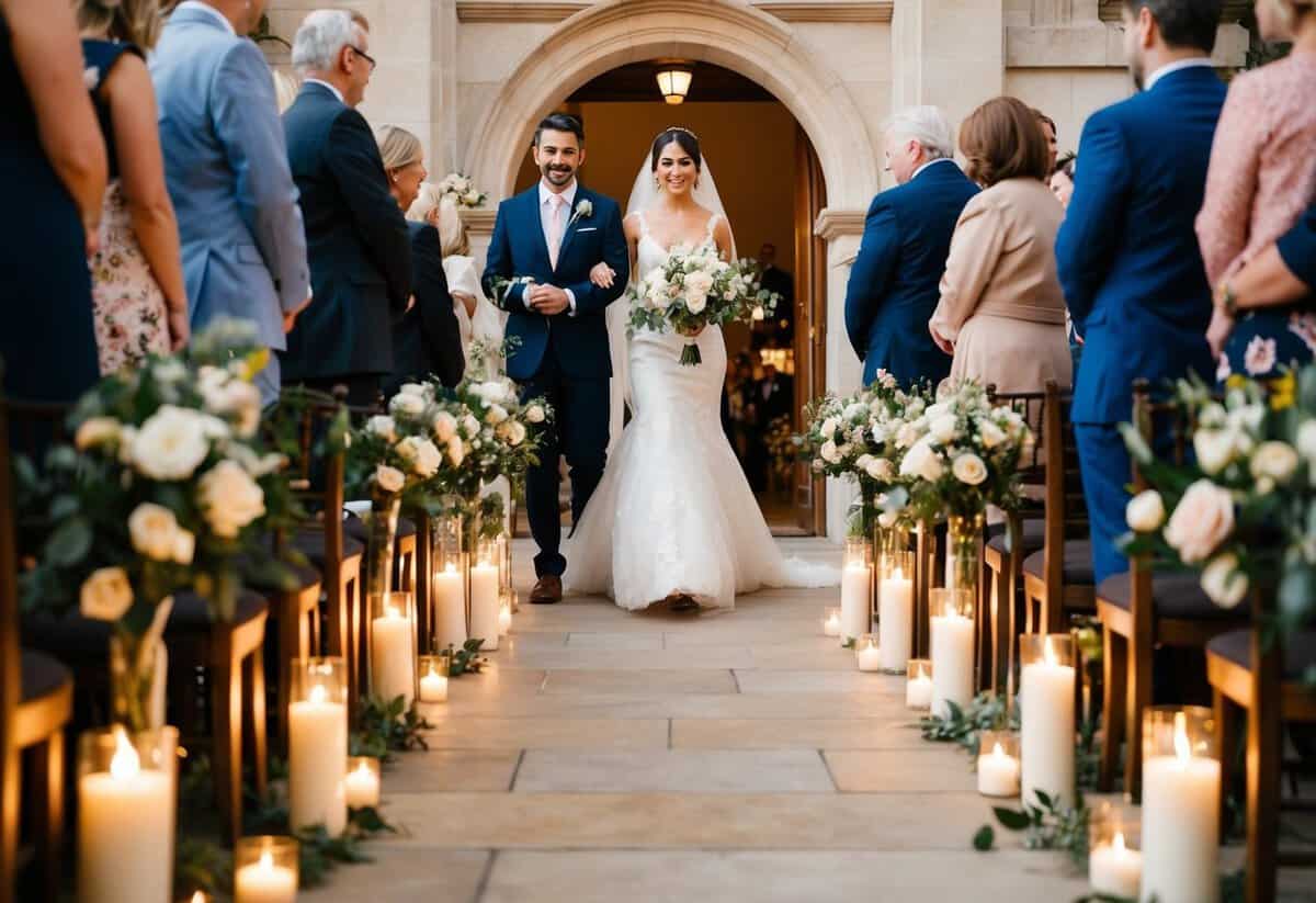 A bride walks down the aisle, surrounded by flowers and candles, as music fills the air