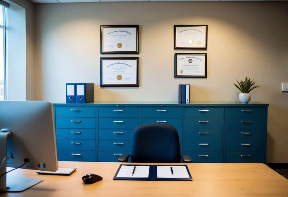 A registrar's office with a desk, computer, and filing cabinets. A diploma and professional certificates displayed on the wall