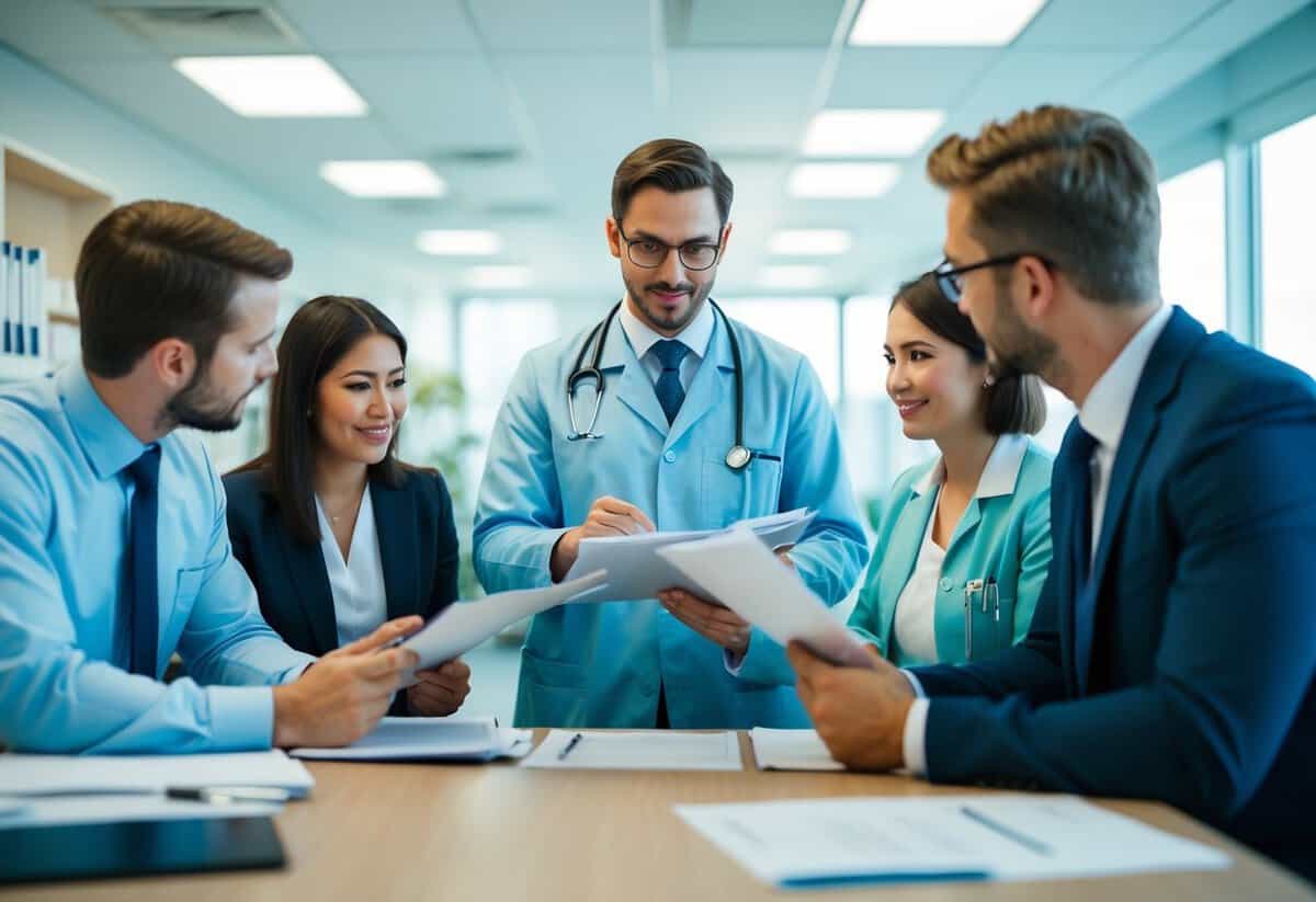 A registrar in the UK reviewing medical records and discussing qualifications with colleagues in a hospital office