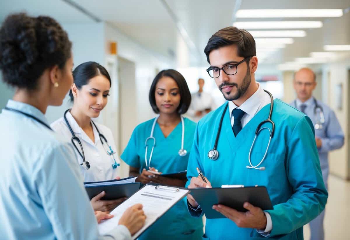 A registrar in the UK reviewing patient files and consulting with medical staff in a hospital setting