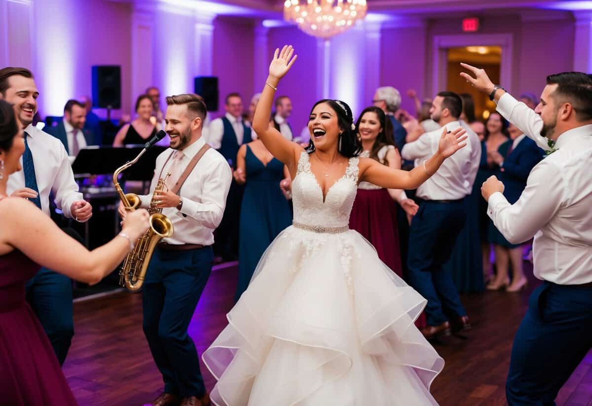 A lively wedding reception with a live band playing joyful and romantic music while guests dance and celebrate