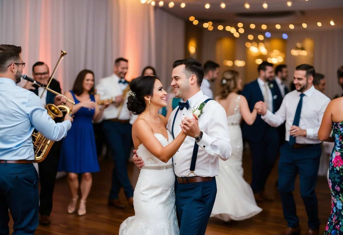 A live band playing romantic music at a wedding reception, with guests dancing and enjoying the celebration