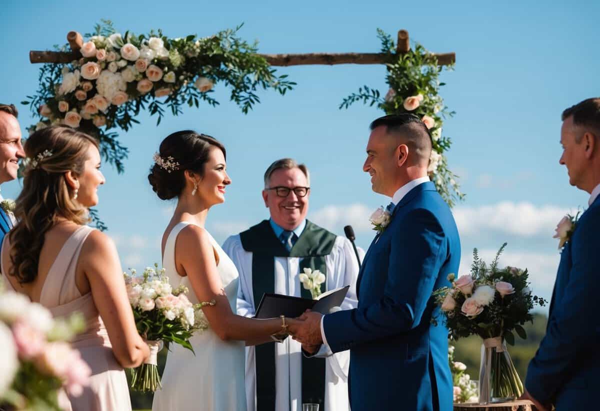 A celebrant officiates a wedding ceremony in a scenic outdoor setting, surrounded by blooming flowers and under a bright blue sky