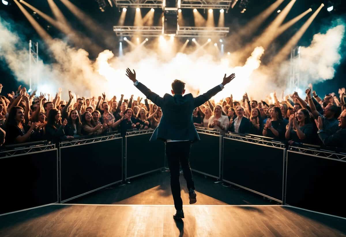 A crowd erupts as music blares, setting the stage for a grand entrance
