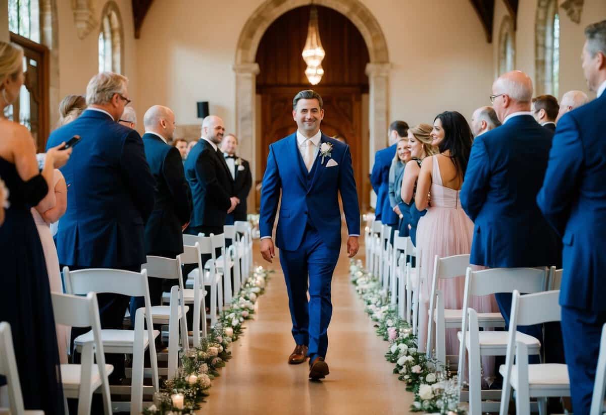 The groom walks down the aisle as music fills the air