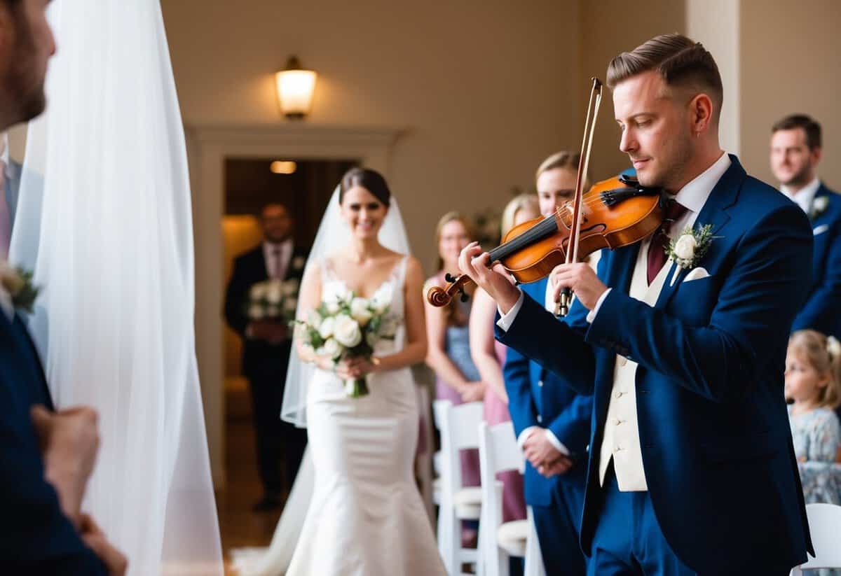 A musician plays a soft, melodic arrangement as the groom walks down the aisle