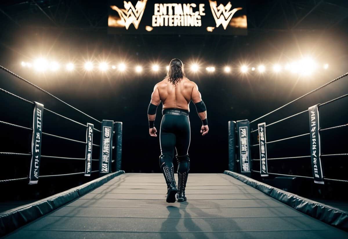 A wrestler walks down a dimly lit ramp towards the ring as their entrance theme song blares through the arena, setting the tone for their upcoming match