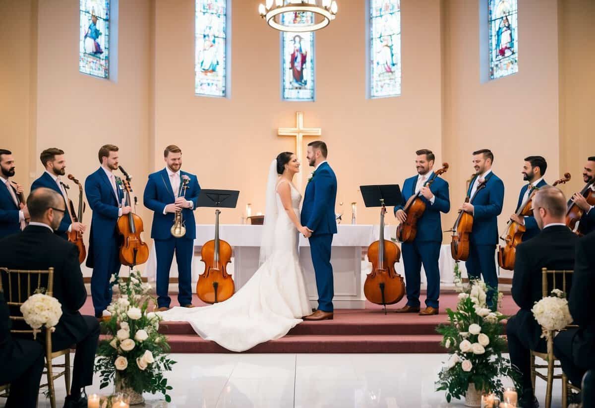A couple stands at an altar, surrounded by a group of musicians holding their instruments, ready to perform during the wedding ceremony