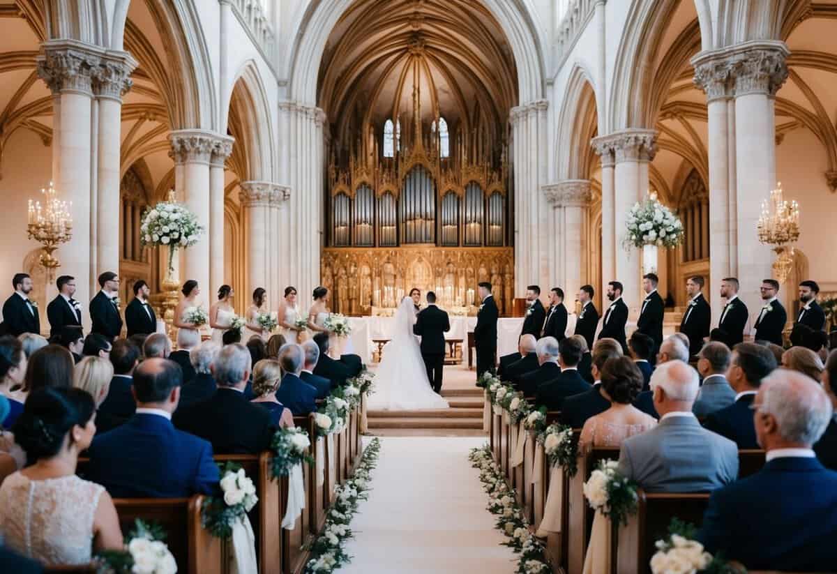 A grand wedding ceremony with classical music playing in a majestic cathedral