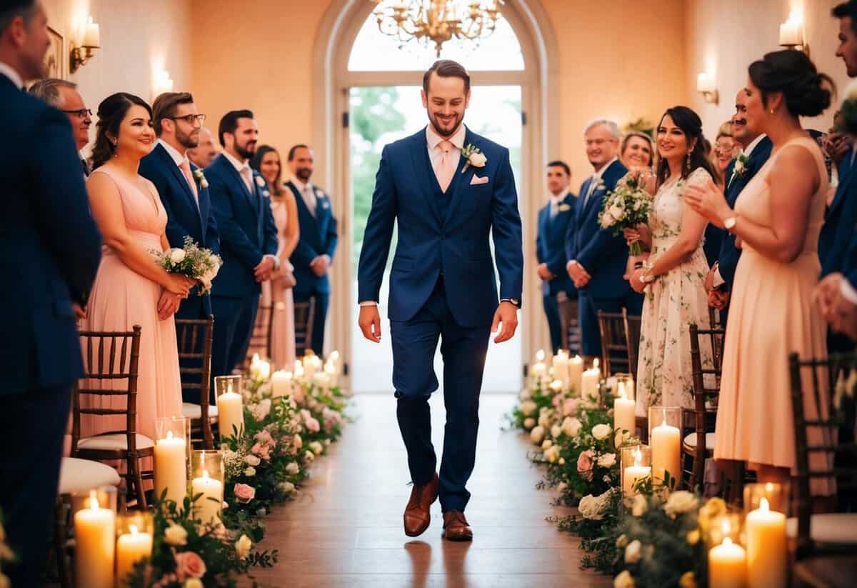 The groom walks down the aisle to the sound of a romantic melody, surrounded by the warm glow of candlelight and the delicate fragrance of fresh flowers