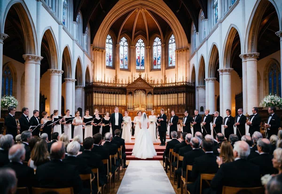 A grand cathedral with a full orchestra and choir performing classical music during Charles and Diana's wedding ceremony