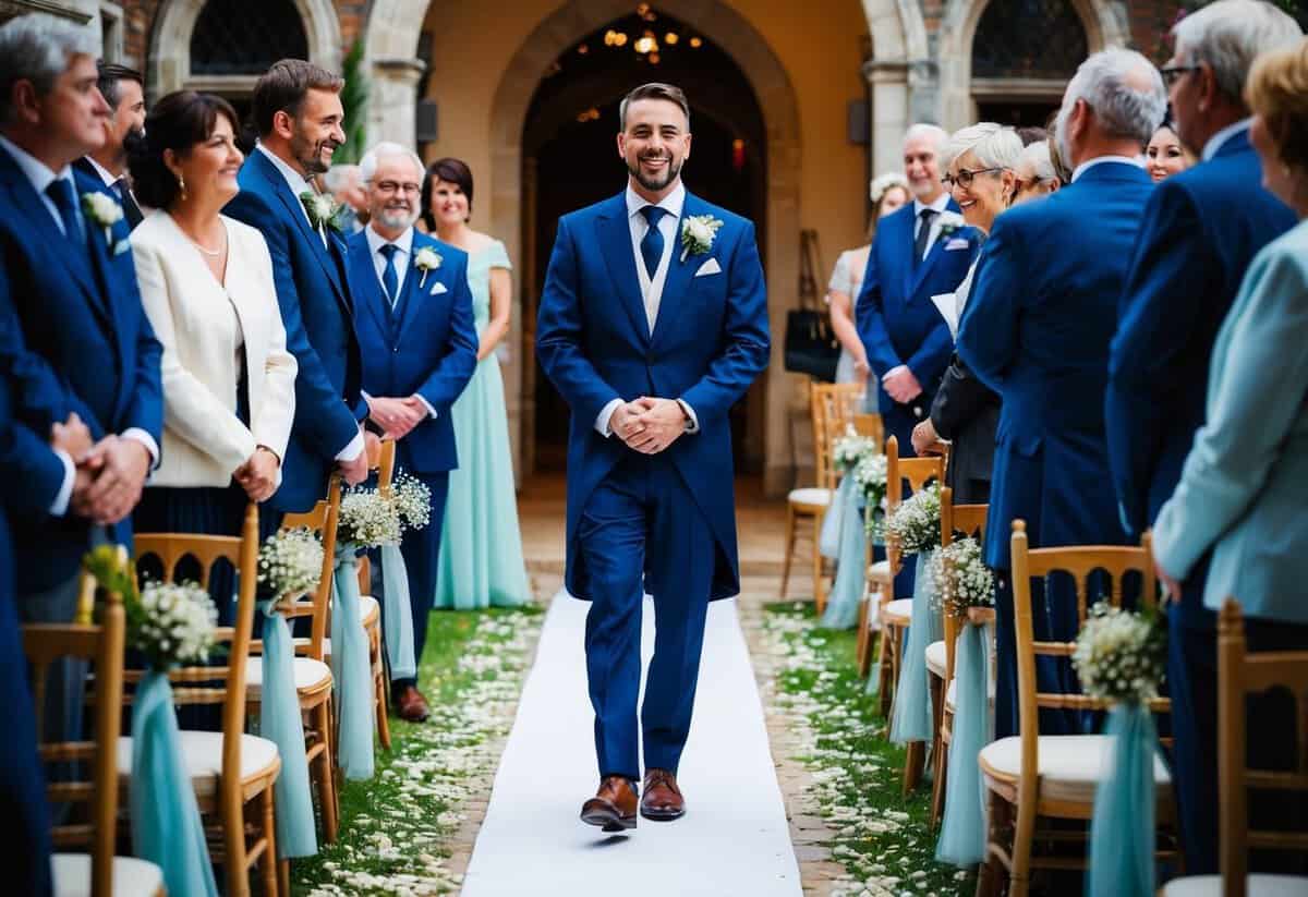 The groom walks down the aisle to the sound of a traditional wedding march, surrounded by family and friends