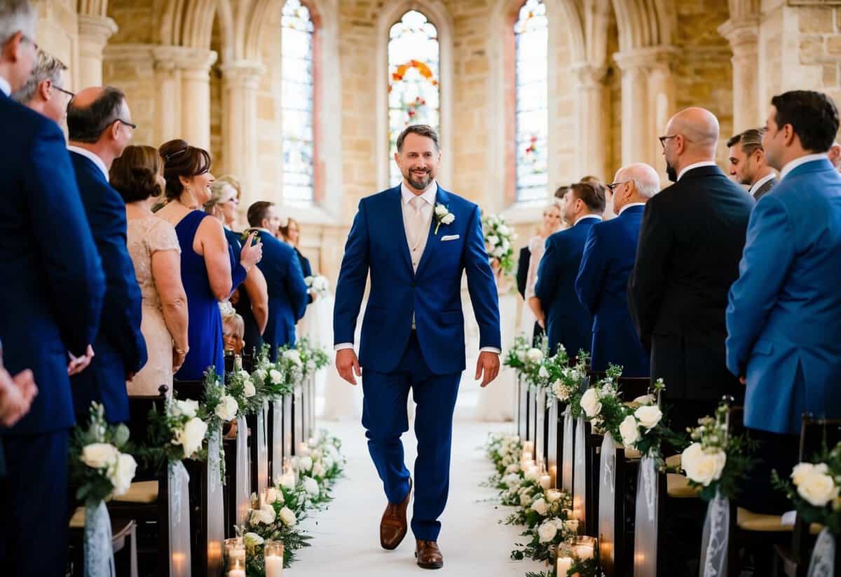 The groom walks down the aisle to a sentimental and personalized music selection, with the melody filling the air and setting the mood for the ceremony
