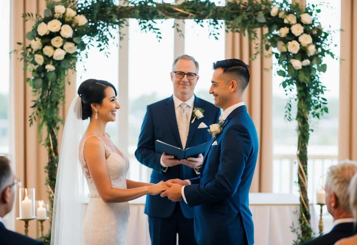 A celebrant stands before a couple exchanging vows in a decorated ceremony space