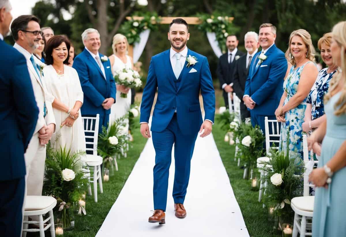 A groom walks down the aisle to a joyful, upbeat entrance song, surrounded by family and friends