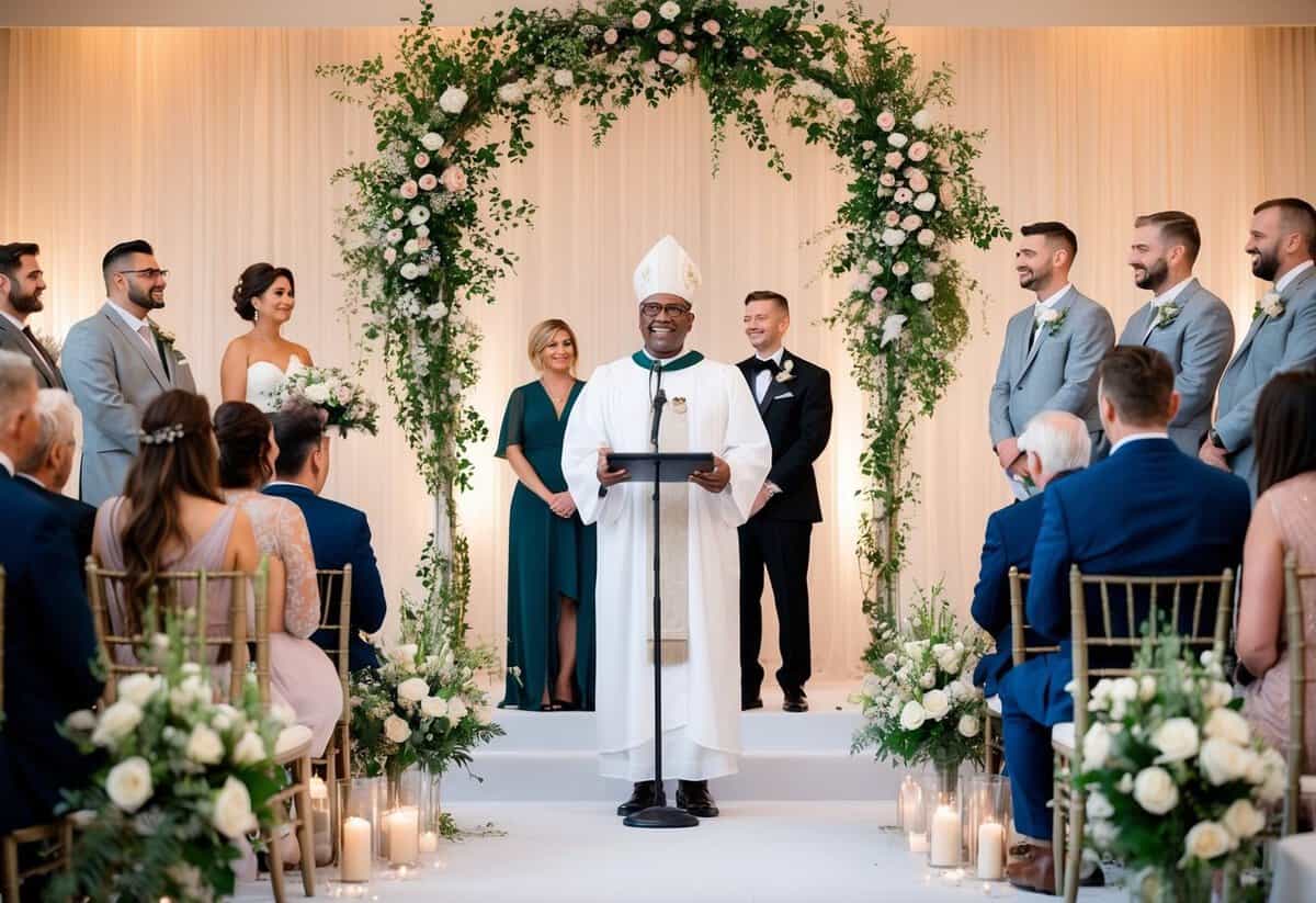 A celebrant stands at the center of a wedding ceremony, surrounded by the couple and their guests. The setting is serene and elegant, with floral decorations and soft lighting creating a romantic atmosphere
