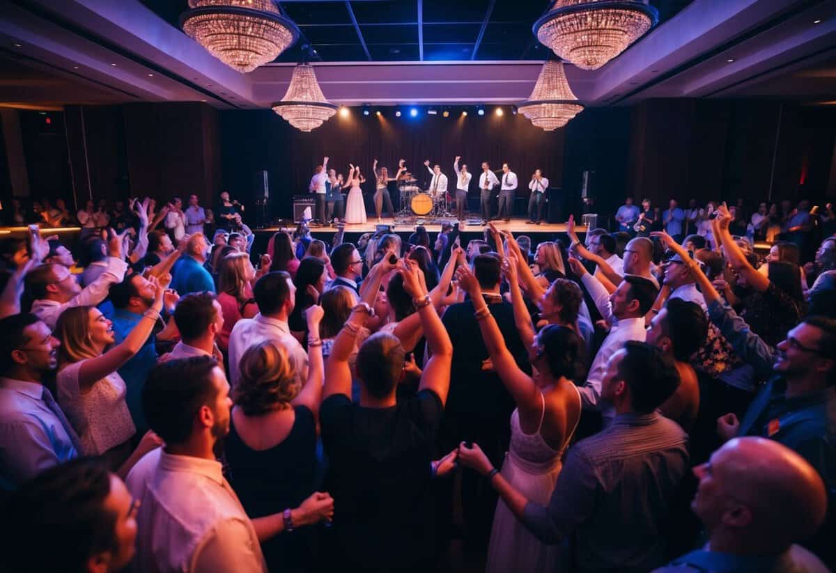 A crowded dance floor with people cheering and dancing to a live band performing the most requested song