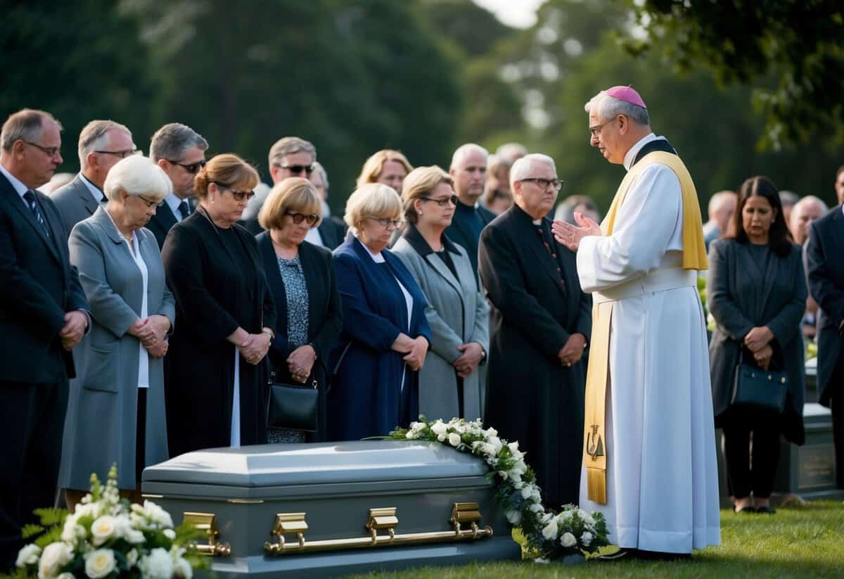 A vicar stands at a graveside, comforting mourners as they gather to pay their respects. The somber atmosphere is heightened by the presence of flowers and a casket