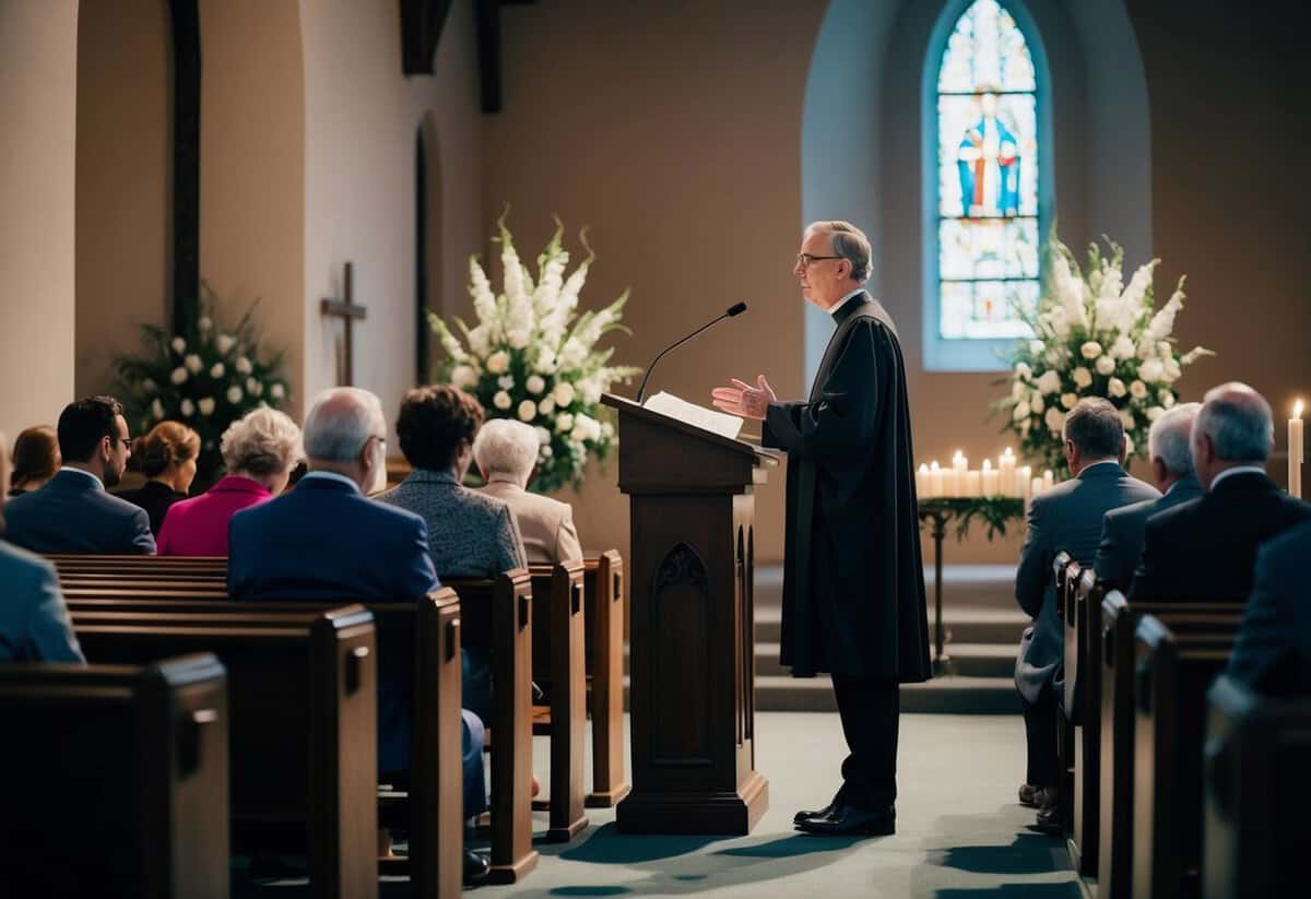 A vicar standing at a pulpit in a dimly lit church, speaking to a small group of mourners seated in pews. A somber atmosphere with floral arrangements and candles