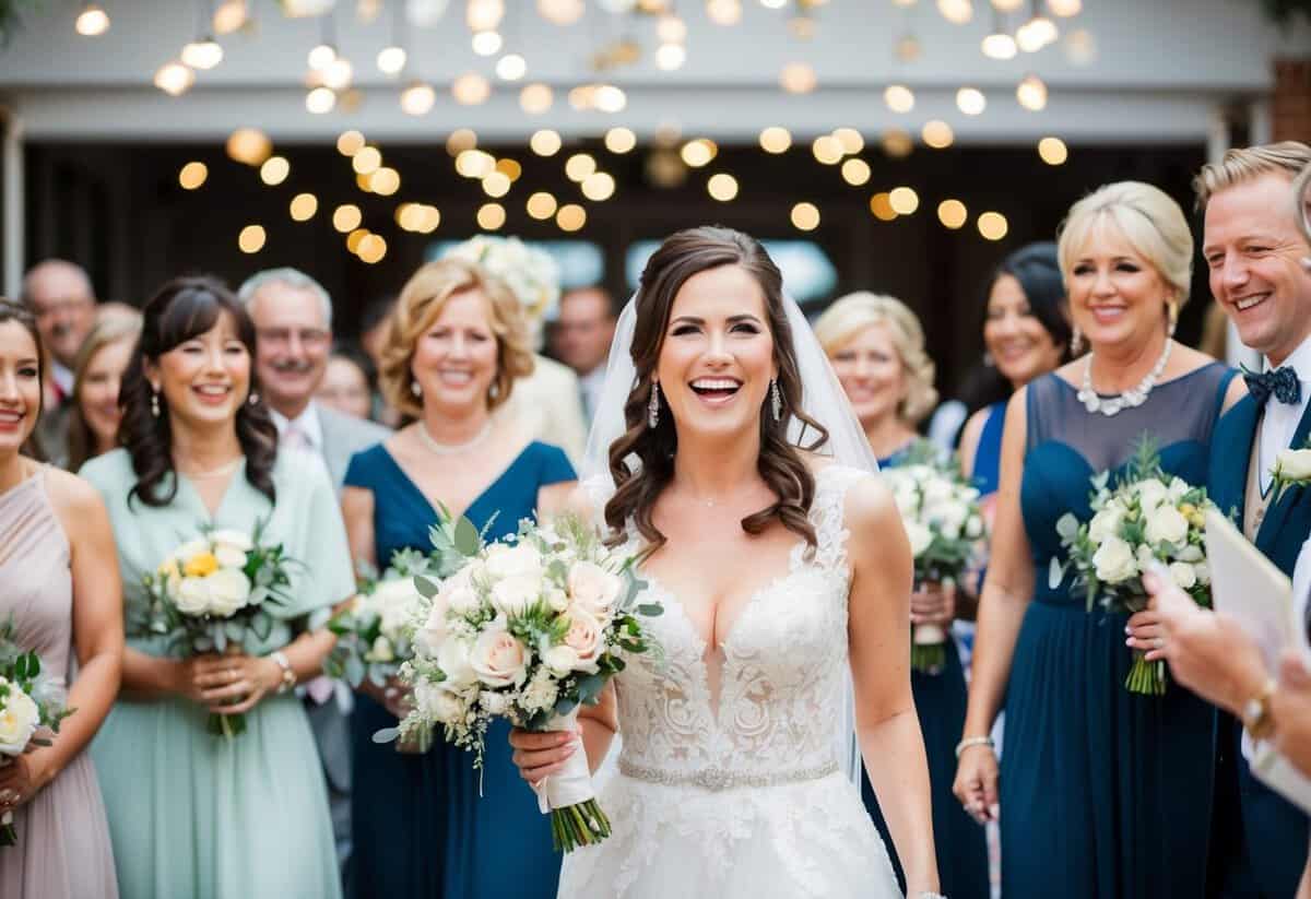A joyful melody fills the air as the bride makes her grand entrance, surrounded by beaming guests and elegant decor