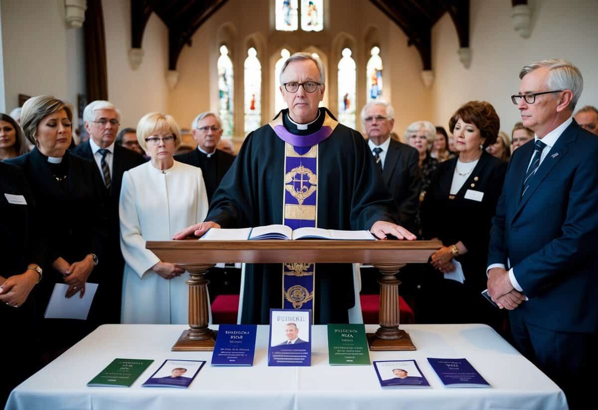 A vicar stands at a pulpit, surrounded by mourners. A table displays pamphlets on optional funeral services and personal touches