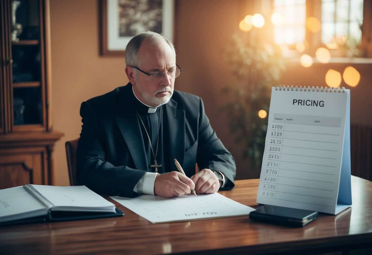 A vicar sits at a desk with a calendar, pricing sheet, and pen, contemplating funeral costs. A somber atmosphere fills the room