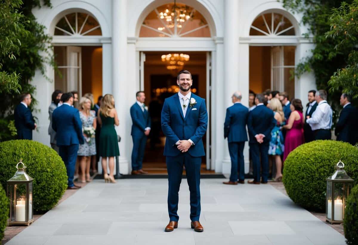 A groom stands at the front of a wedding venue, watching guests arrive. The setting is elegant, with a grand entrance and lush greenery