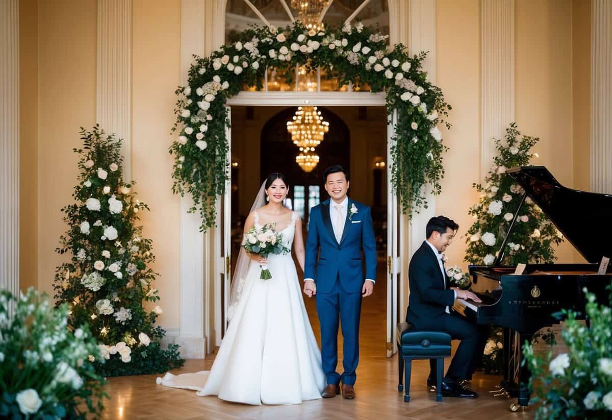 A bride and groom stand at the entrance of a grand hall, surrounded by twinkling lights and floral decorations, while a musician plays a soft melody on a grand piano
