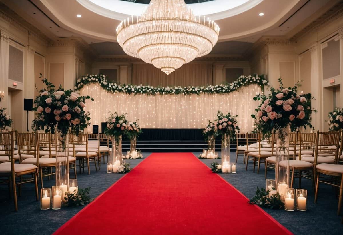 A grand ballroom with a red carpet leading to a raised stage, adorned with floral decorations and twinkling lights