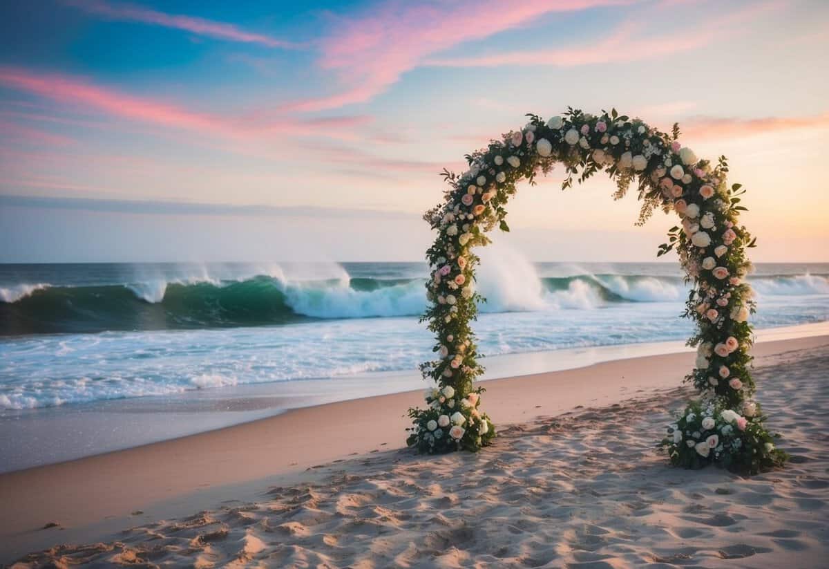 A beach wedding in the UK: A sandy shore with crashing waves, a colorful sunset, and a flower-adorned archway