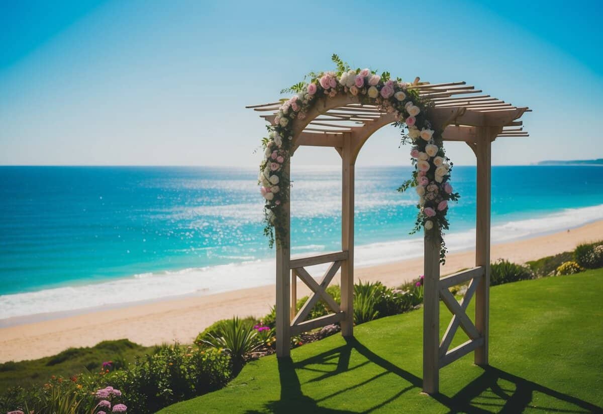 A picturesque beach with a wooden arch adorned with flowers, overlooking the glistening ocean under a clear blue sky