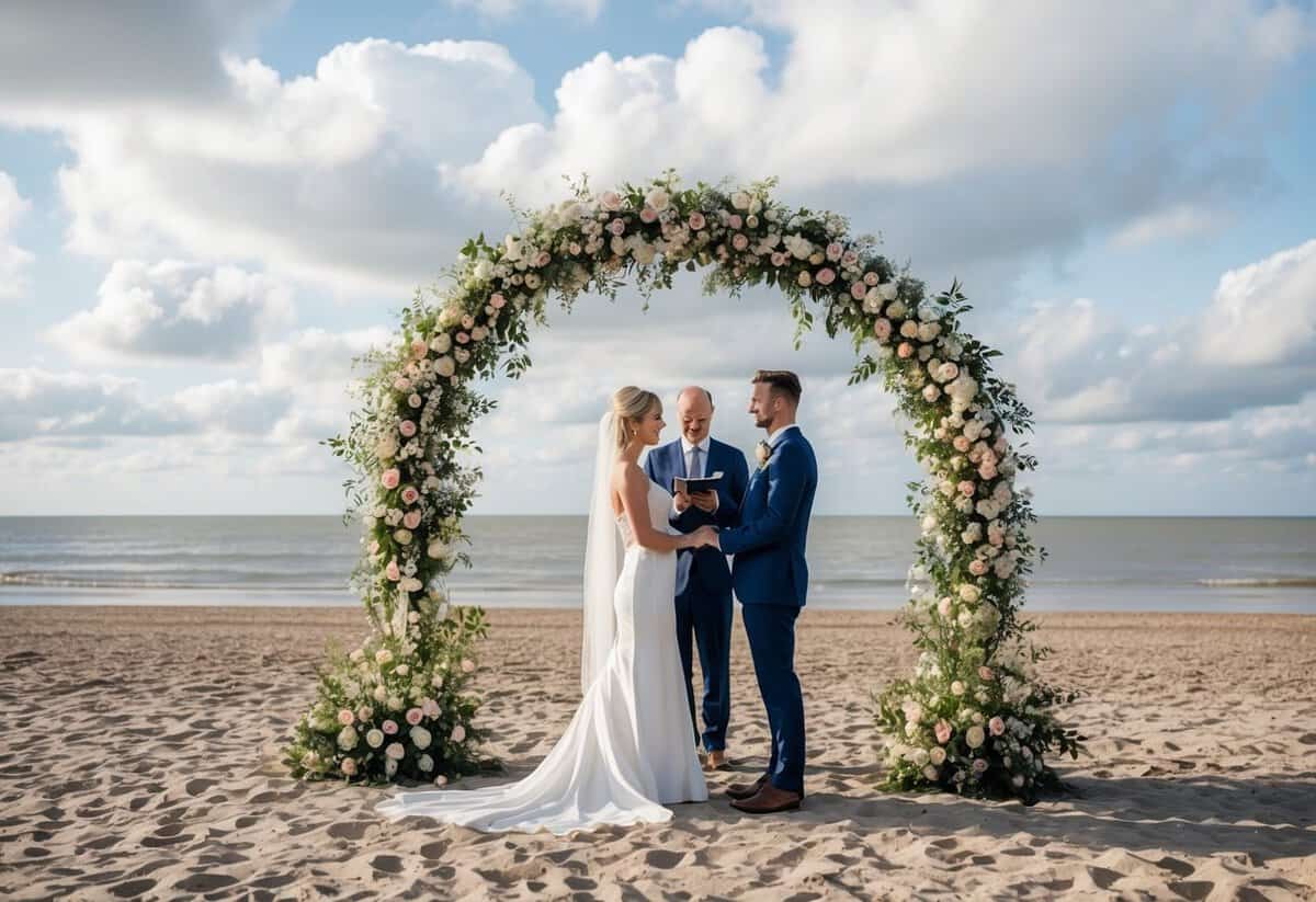 A beach in the UK with scattered clouds, a gentle breeze, and a couple standing under a floral archway exchanging vows